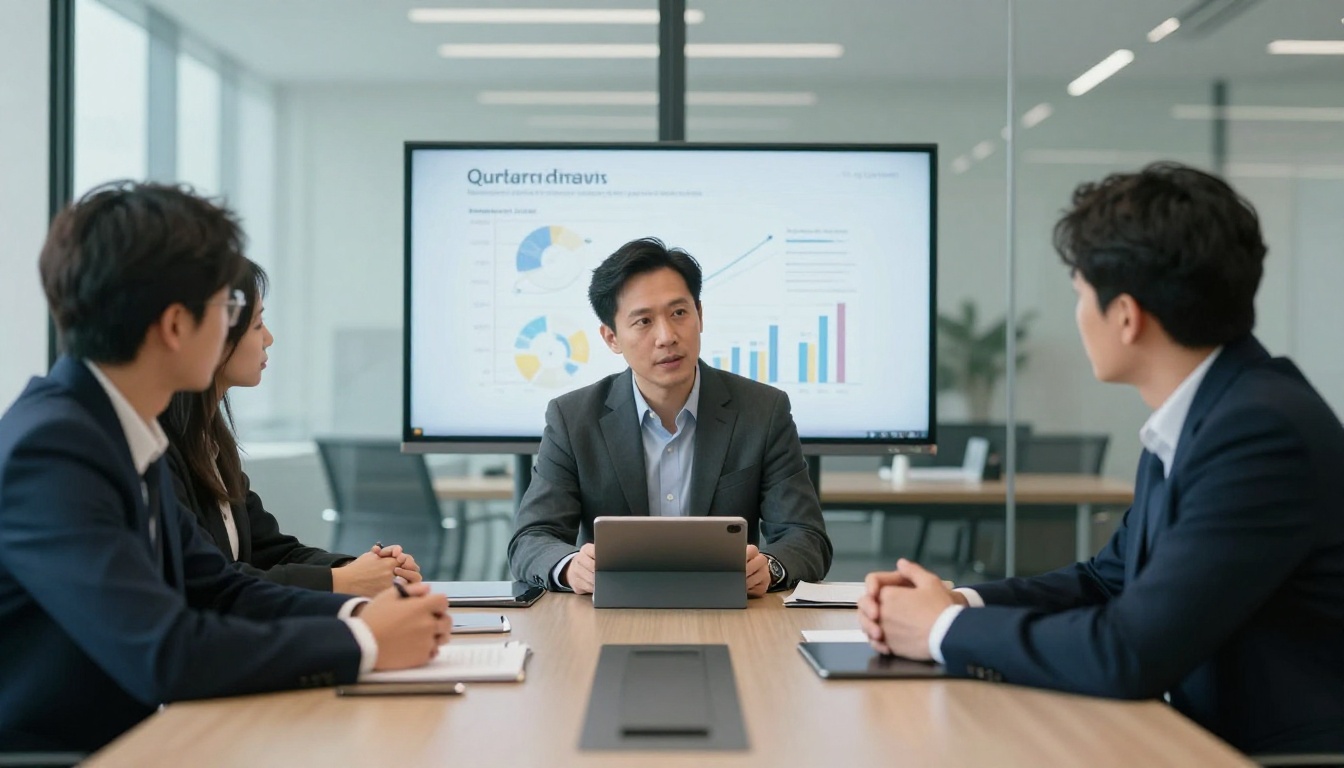 Consultant presenting results on a tablet to clients Consultant presenting results on a tablet to clients