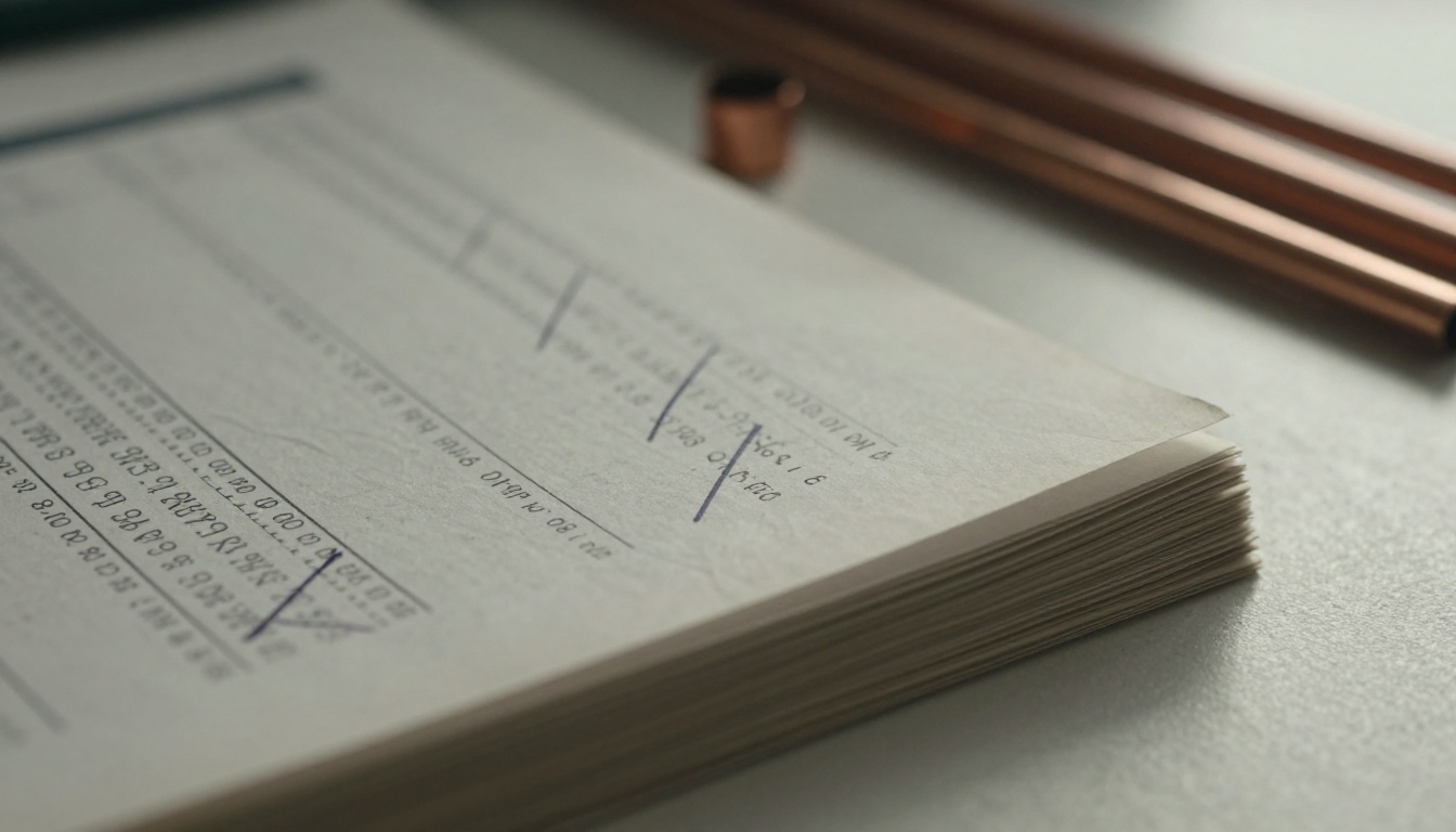 Stack of outdated crumpled paper price catalogs with handwritten corrections on a workbench Stack of outdated crumpled paper price catalogs with handwritten corrections on a workbench