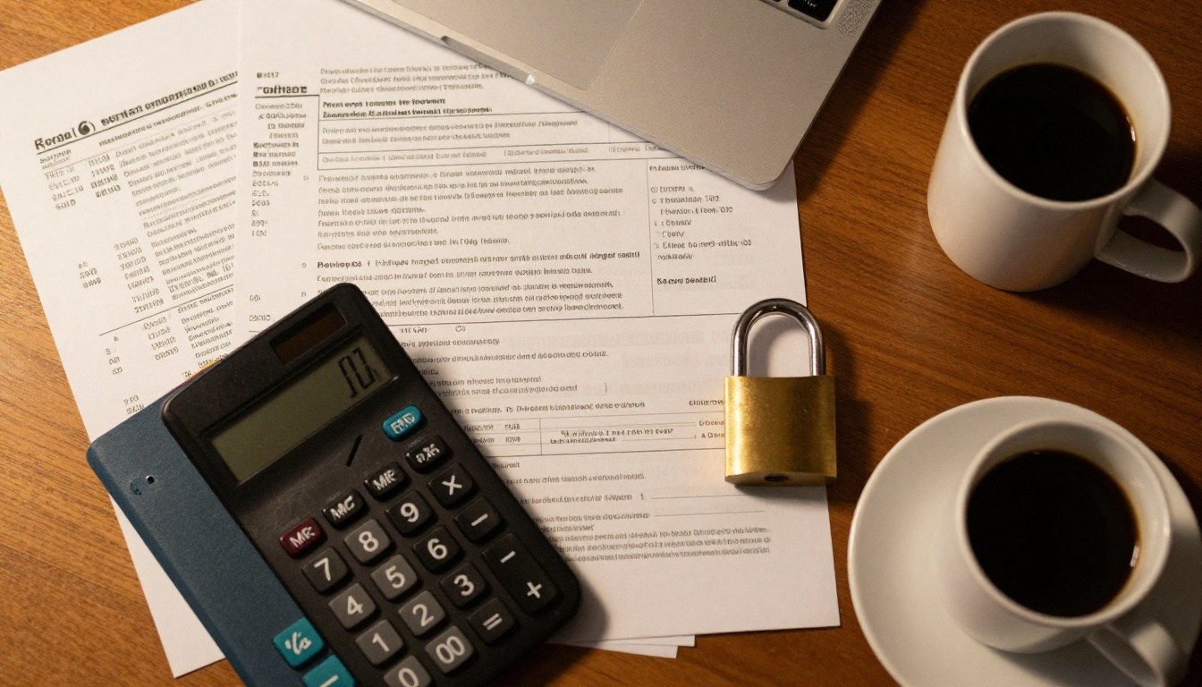 Accountant desk with folders, calculator and a padlock Accountant desk with folders, calculator and a padlock