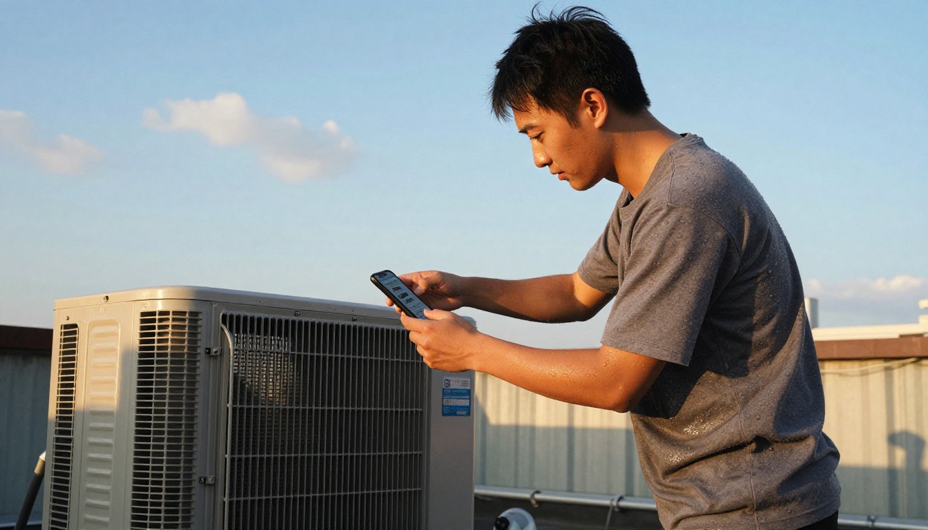 Technician on a rooftop with a phone showing a product catalog page beside a condenser unit Technician on a rooftop with a phone showing a product catalog page beside a condenser unit