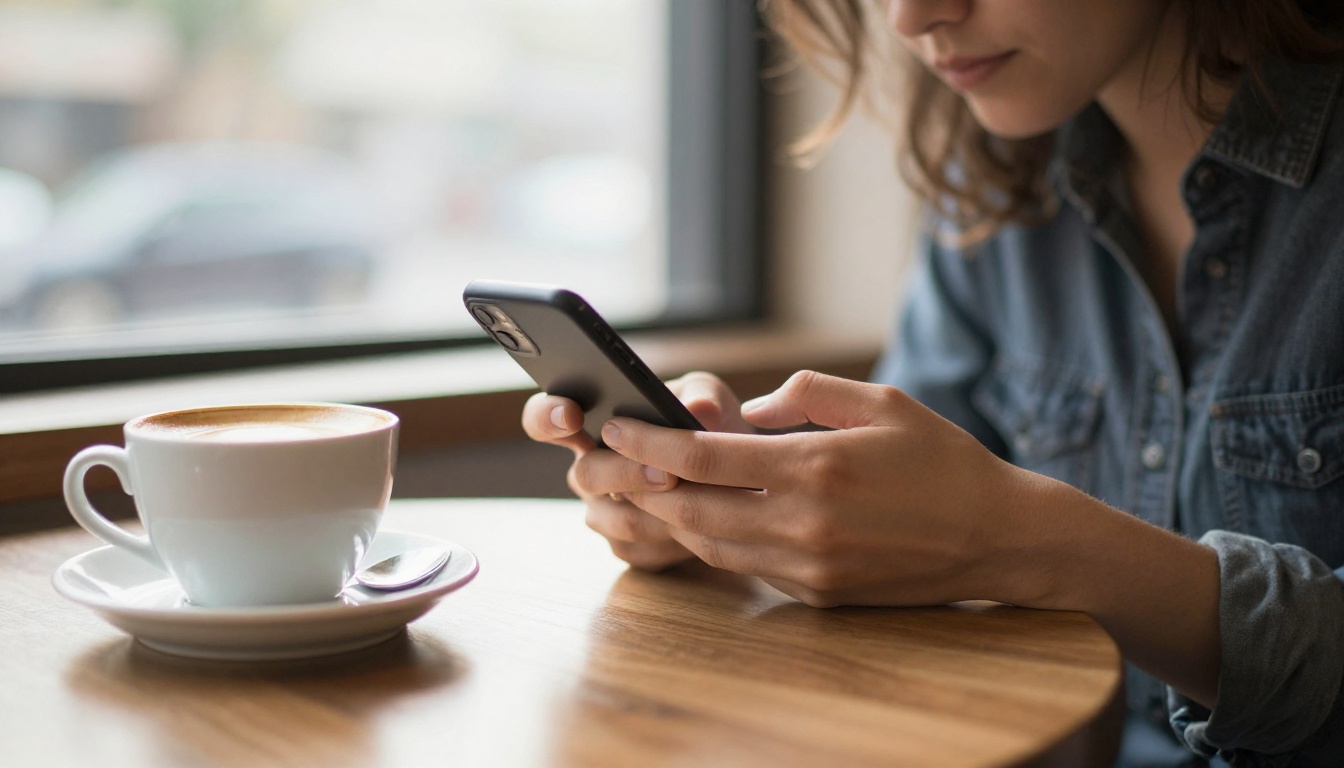 Small business owner reading a report on a phone at a cafe Small business owner reading a report on a phone at a cafe