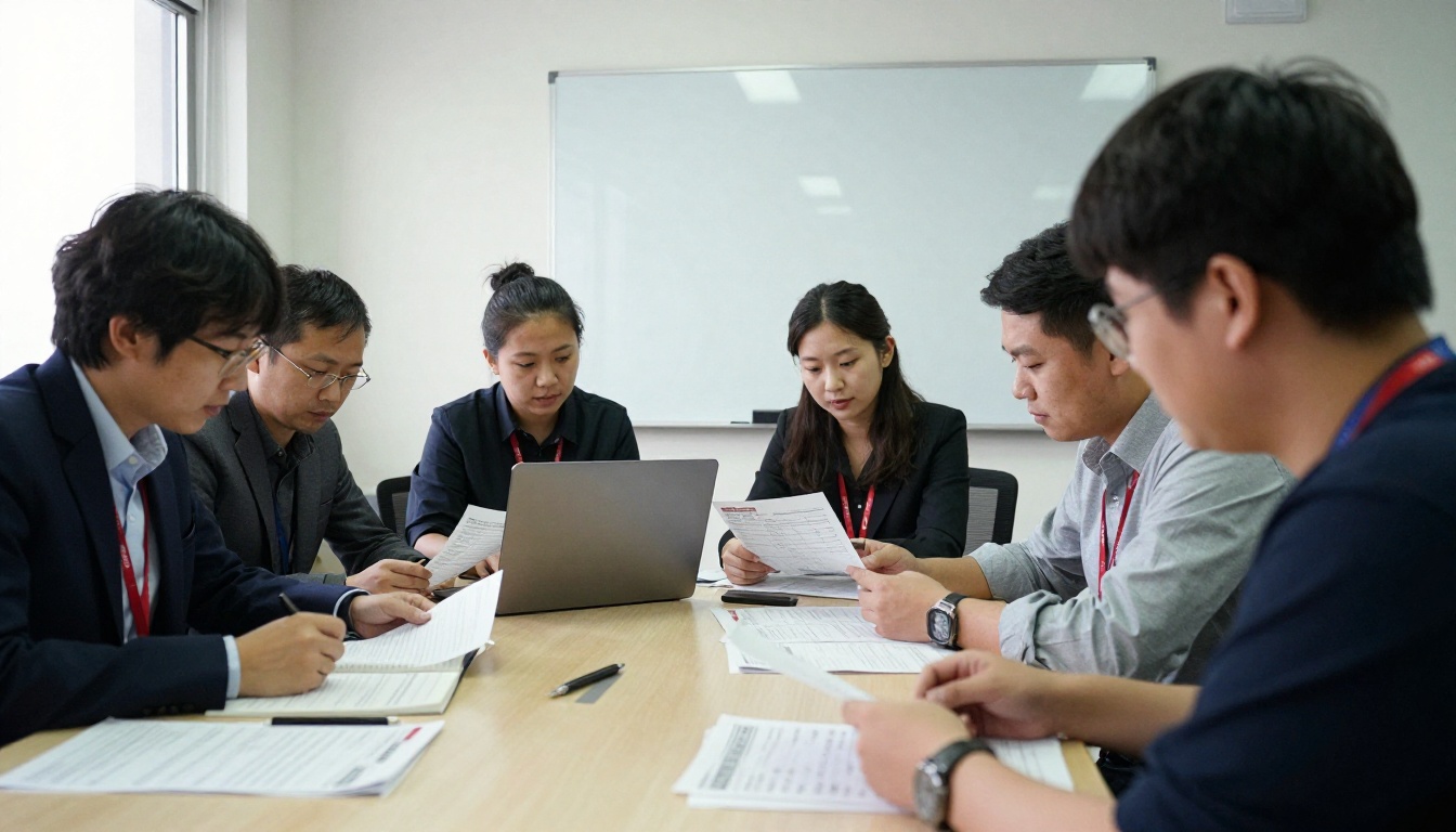 Distributor team reviewing price change notices around a table Distributor team reviewing price change notices around a table