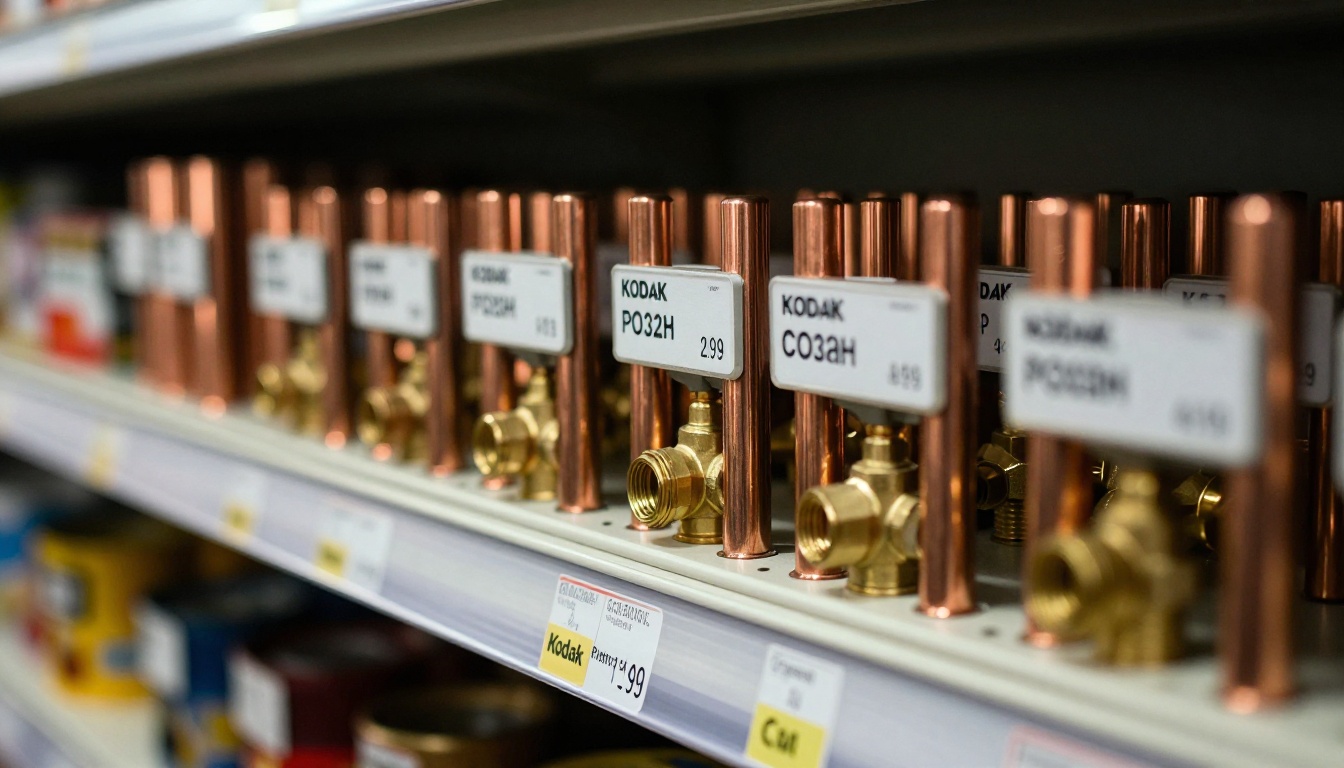 Shelf edge price labels under rows of copper fittings and brass valves Shelf edge price labels under rows of copper fittings and brass valves