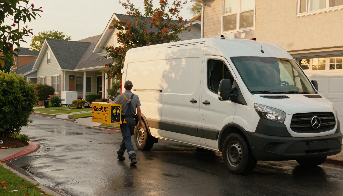 Plumber carrying a water heater box from a delivery van at a job site Plumber carrying a water heater box from a delivery van at a job site