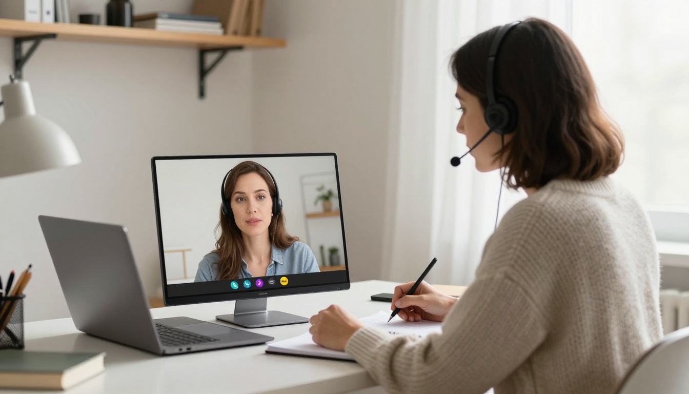 Financial advisor on a video call at a home office desk Financial advisor on a video call at a home office desk