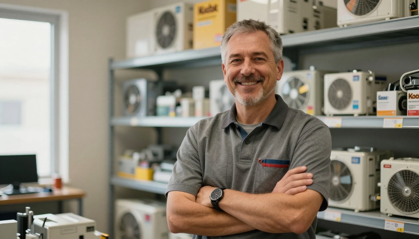 Smiling distributor owner standing in front of organized HVAC parts shelves Smiling distributor owner standing in front of organized HVAC parts shelves