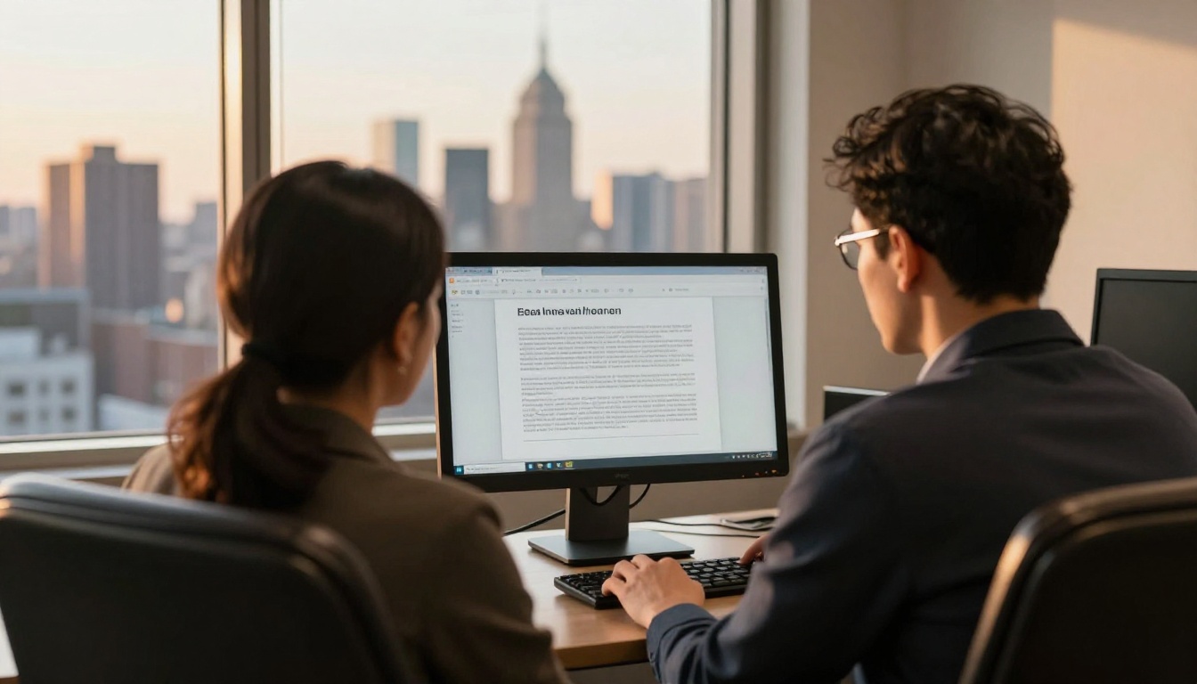 Client viewing a report on a monitor in a corner office Client viewing a report on a monitor in a corner office
