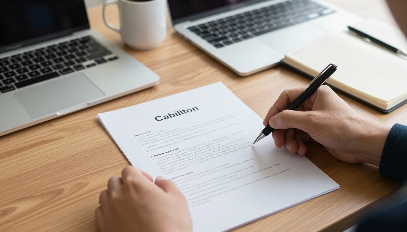 Consultant arranging a printed capability statement on an oak desk