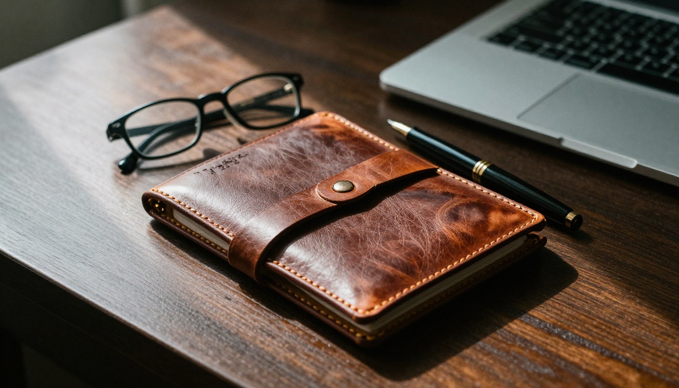 Leather portfolio, pen and glasses on a dark wood desk Leather portfolio, pen and glasses on a dark wood desk