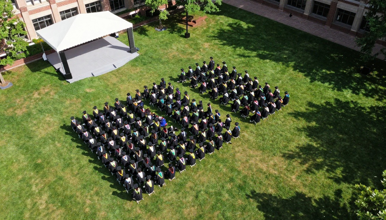 Aerial view of a university commencement on a green lawn Aerial view of a university commencement on a green lawn