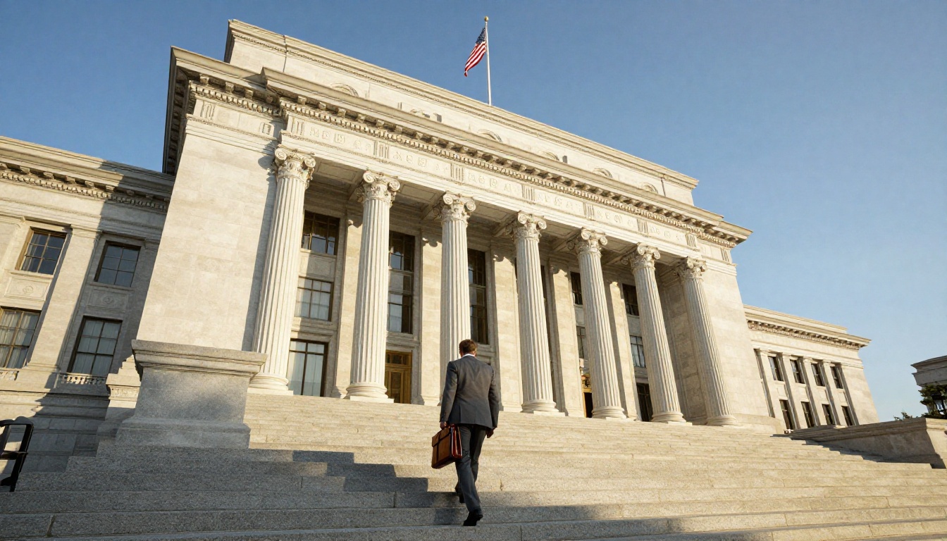 Low-angle view of a government building with columns and a professional climbing the steps
