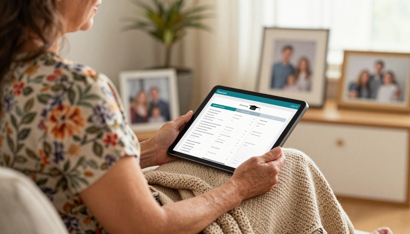 Grandmother reading a graduation program on a tablet at home Grandmother reading a graduation program on a tablet at home