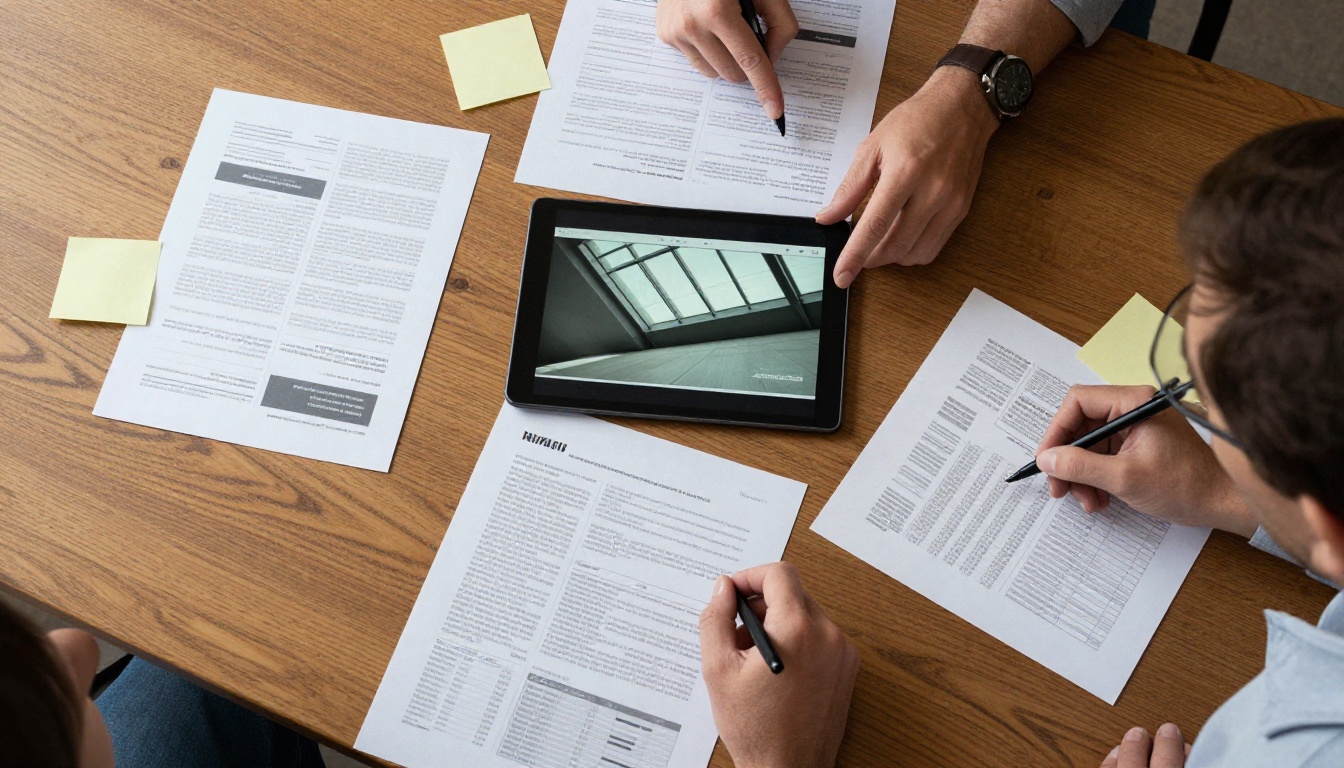Aerial view of consultants reviewing printed proposals around a large table
