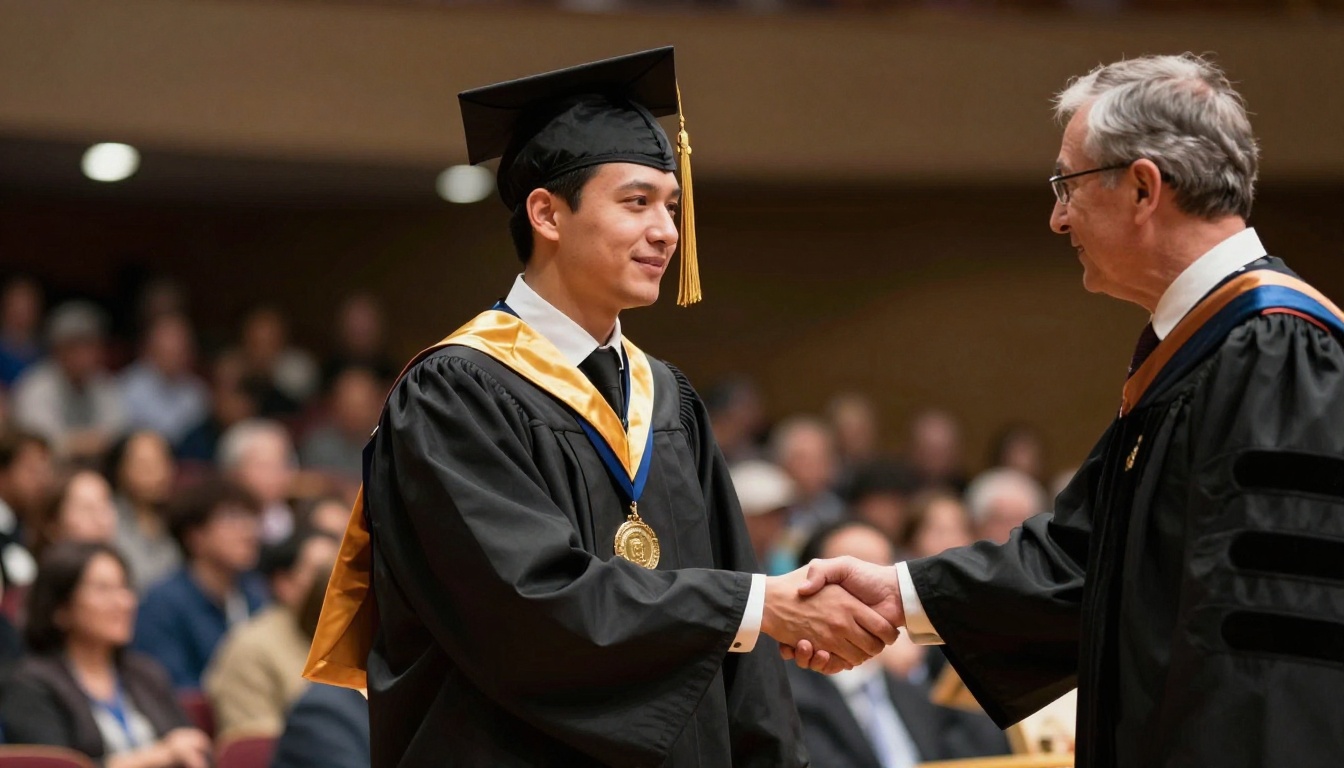 Graduate in gold honor cord shaking hands on stage Graduate in gold honor cord shaking hands on stage