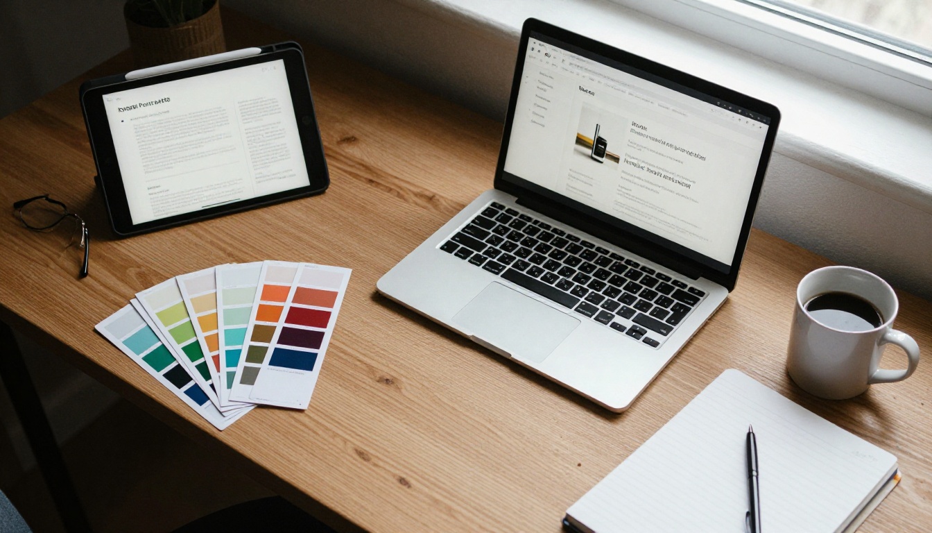 Top-down view of a designer desk with swatches and a tablet