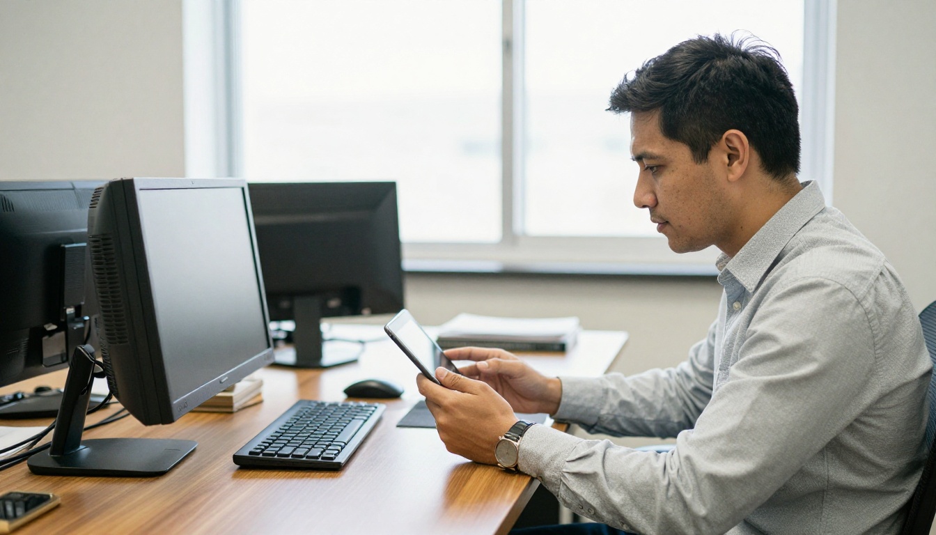 Consultant presenting a tablet to a procurement officer across a desk