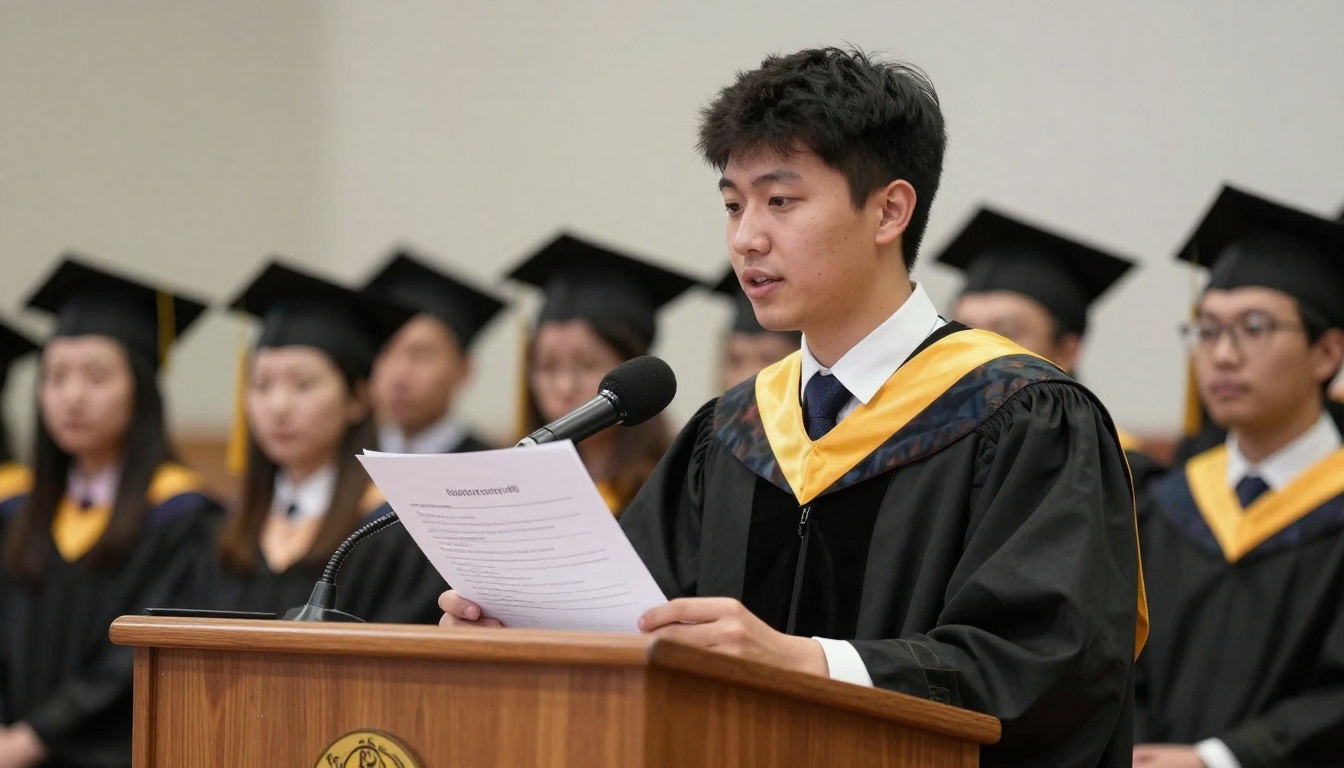 Valedictorian delivering a speech at a wooden podium in front of graduates Valedictorian delivering a speech at a wooden podium in front of graduates
