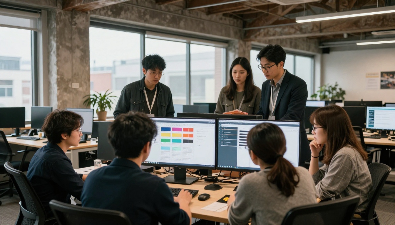 Wide shot of an agency team reviewing brand colors on a monitor