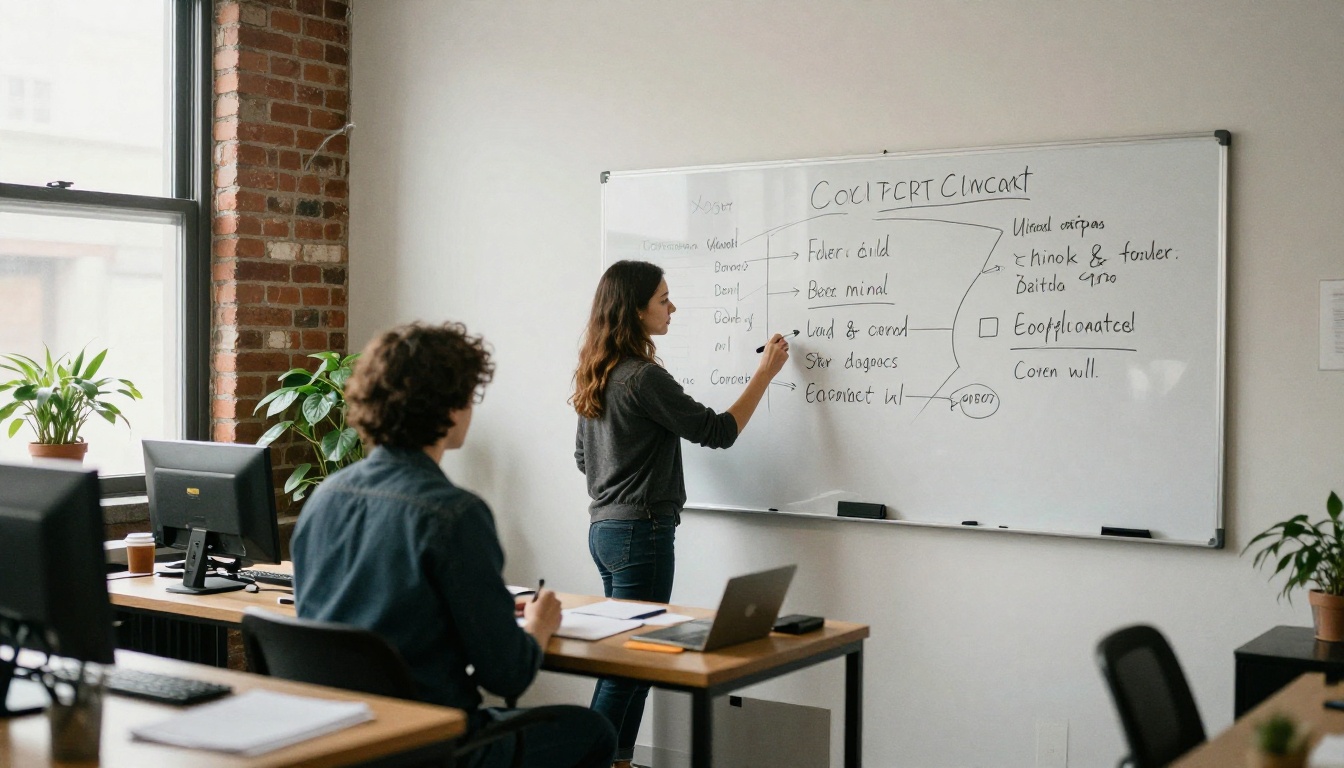Consultants mapping contract opportunities on a whiteboard in an open workspace