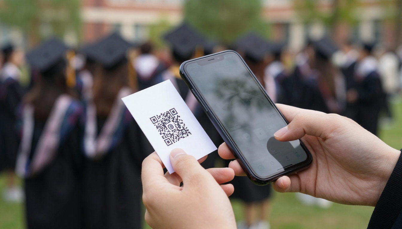A person scanning a QR code card to open a graduation program on a phone A person scanning a QR code card to open a graduation program on a phone