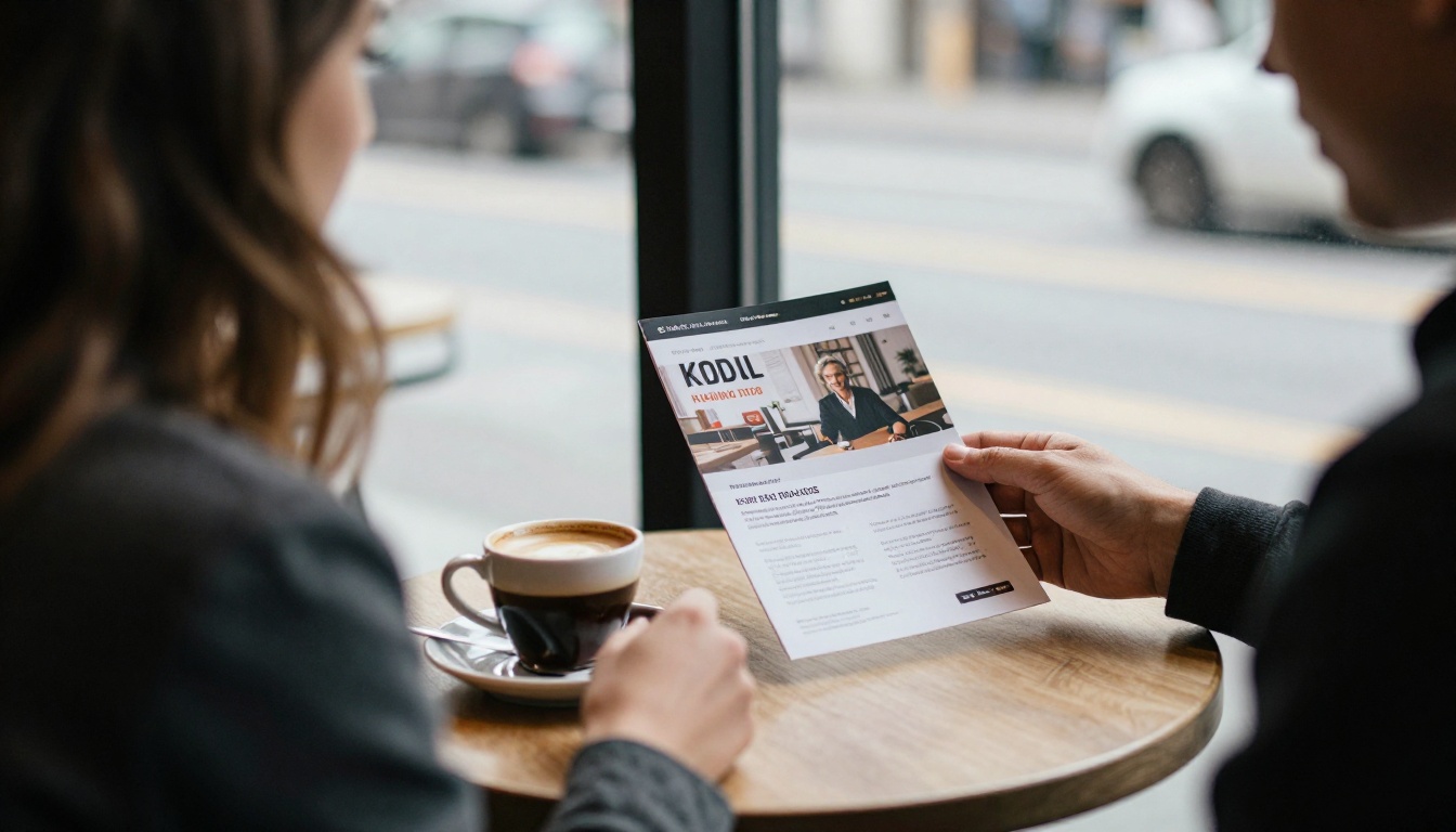 Freelance consultant sharing a flipbook link from a phone at a café