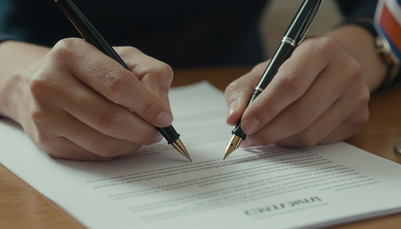 Hands signing a government contract with a fountain pen beside a capability statement