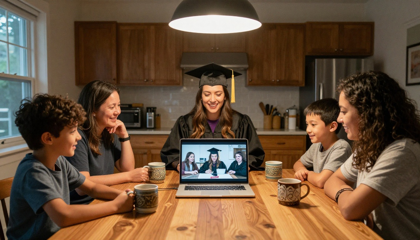 Family gathered around a laptop at a kitchen table watching a graduation stream Family gathered around a laptop at a kitchen table watching a graduation stream
