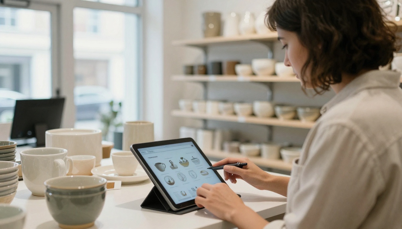 Business owner viewing a branded product catalog in a showroom