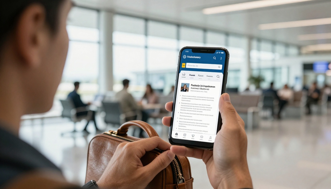 Consultant viewing a mobile flipbook capability statement in a bright lobby