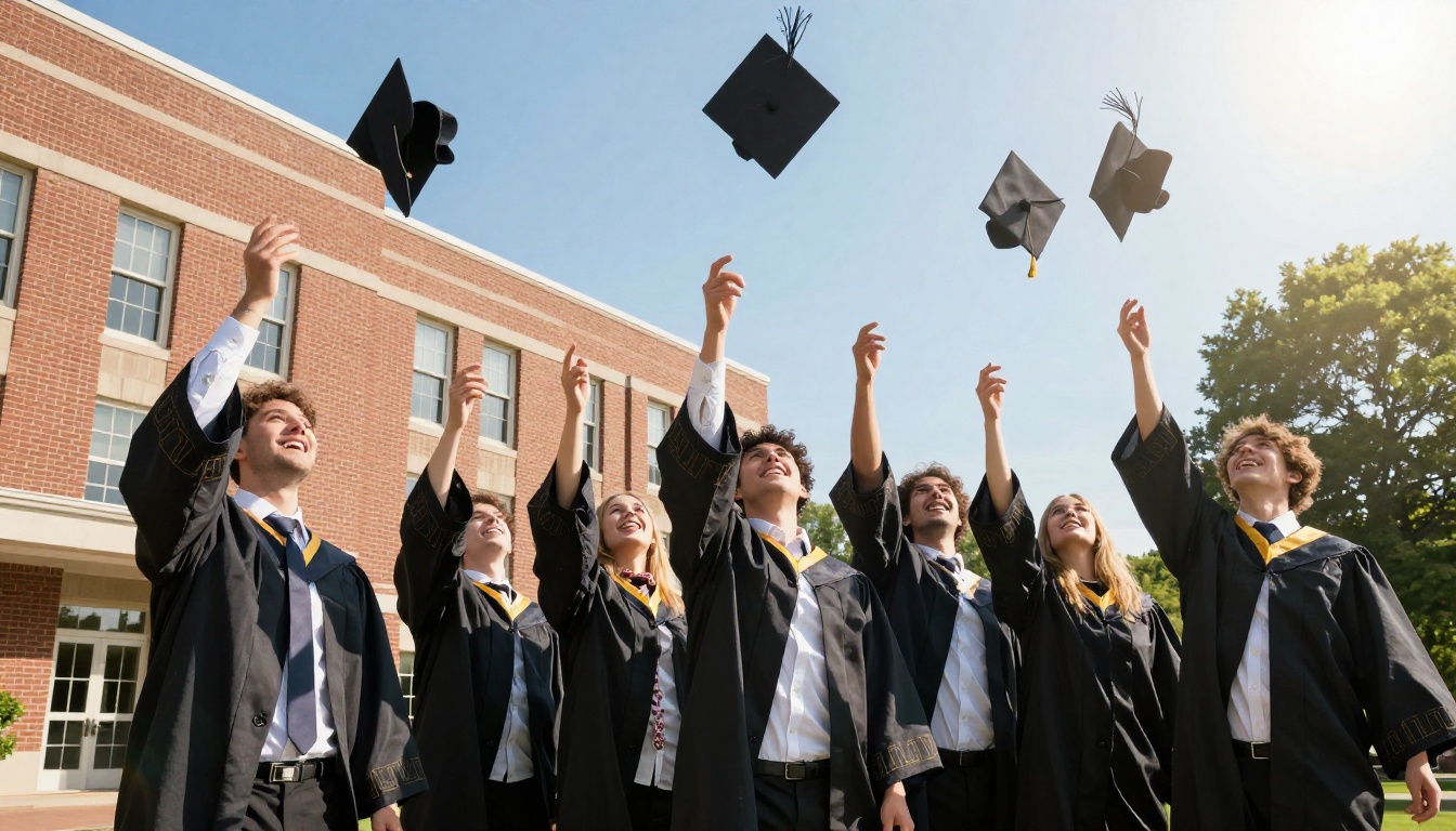 Graduates tossing caps into the air against a blue sky Graduates tossing caps into the air against a blue sky