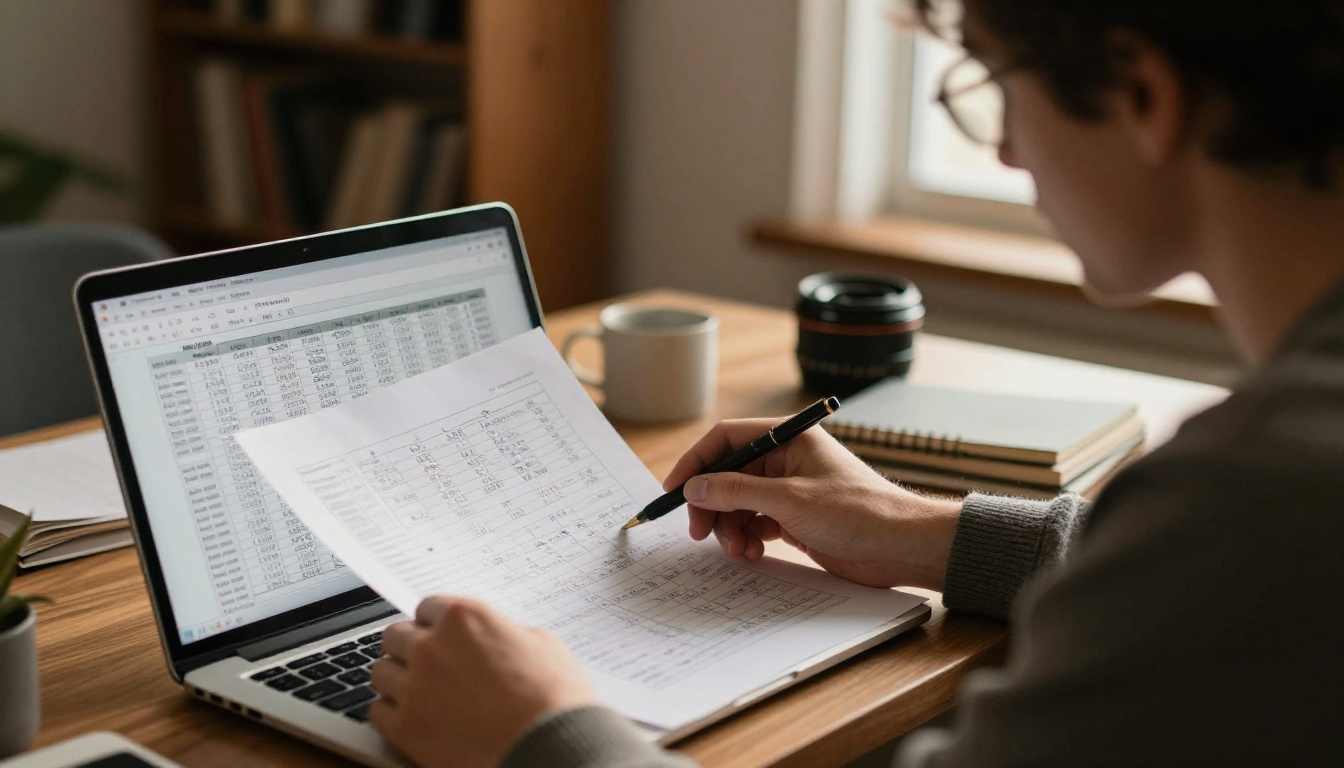 Man reviewing printed analytics beside a laptop