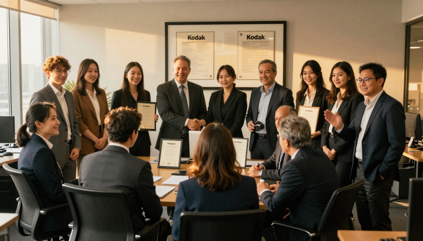 Consultant team shaking hands in a sunlit office after winning a contract