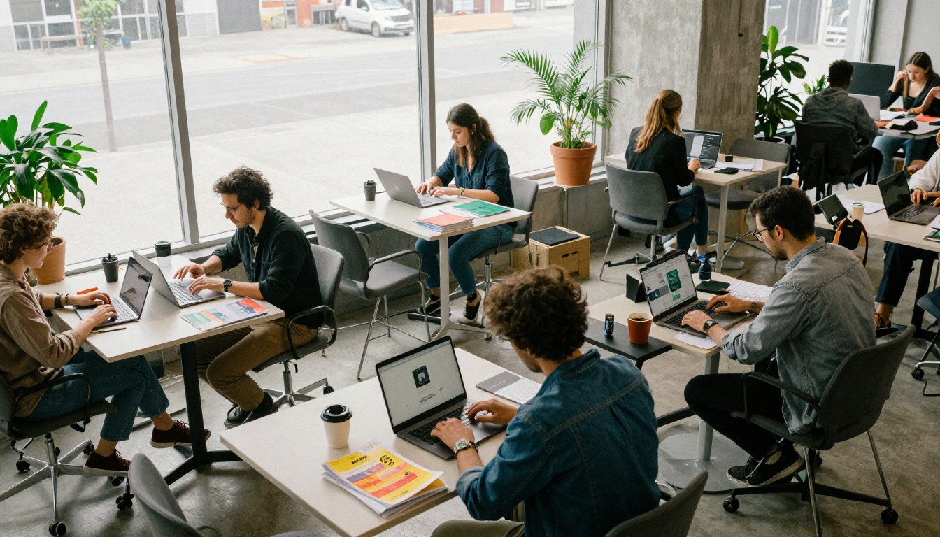 Coworking space with freelancers and branded brochures