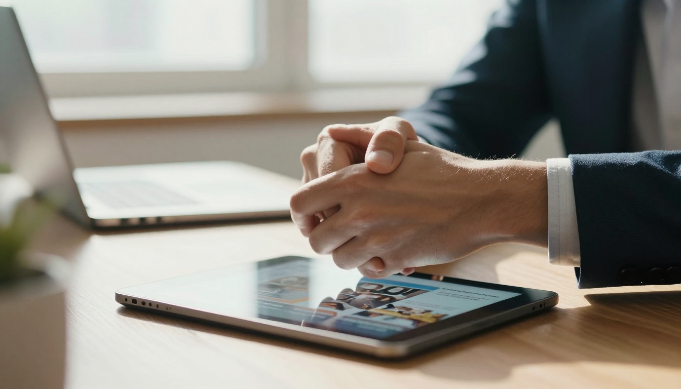 Handshake over a tablet displaying a digital magazine