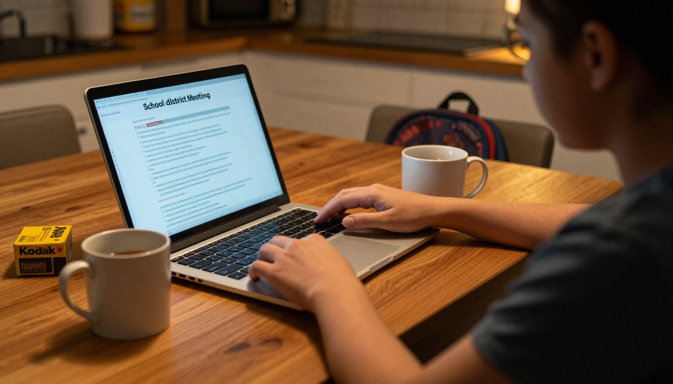 Parent reading a school district agenda on a laptop at a kitchen table Parent reading a school district agenda on a laptop at a kitchen table