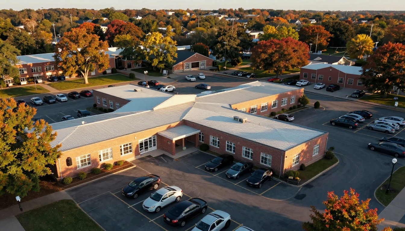 Aerial view of a school district building with cars arriving for an evening meeting Aerial view of a school district building with cars arriving for an evening meeting