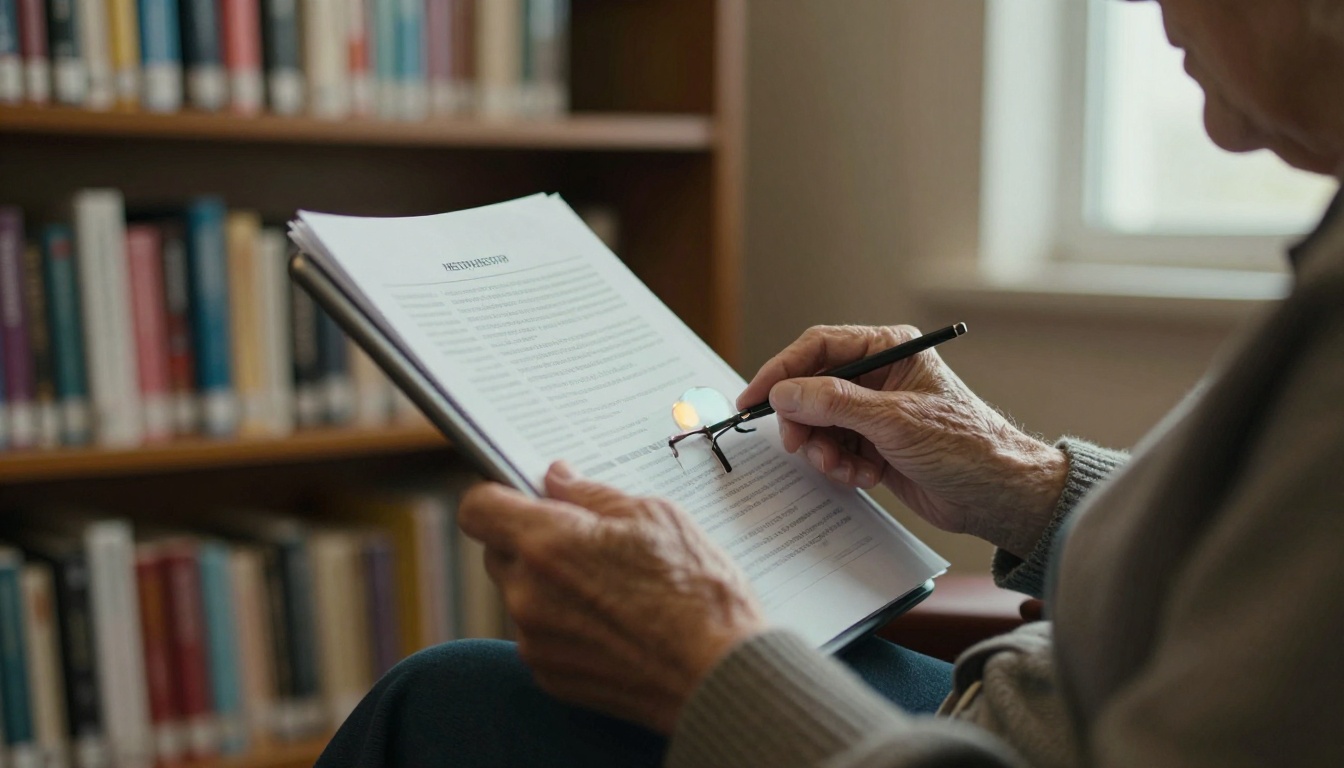Older resident reading a meeting packet on a tablet in a public library Older resident reading a meeting packet on a tablet in a public library