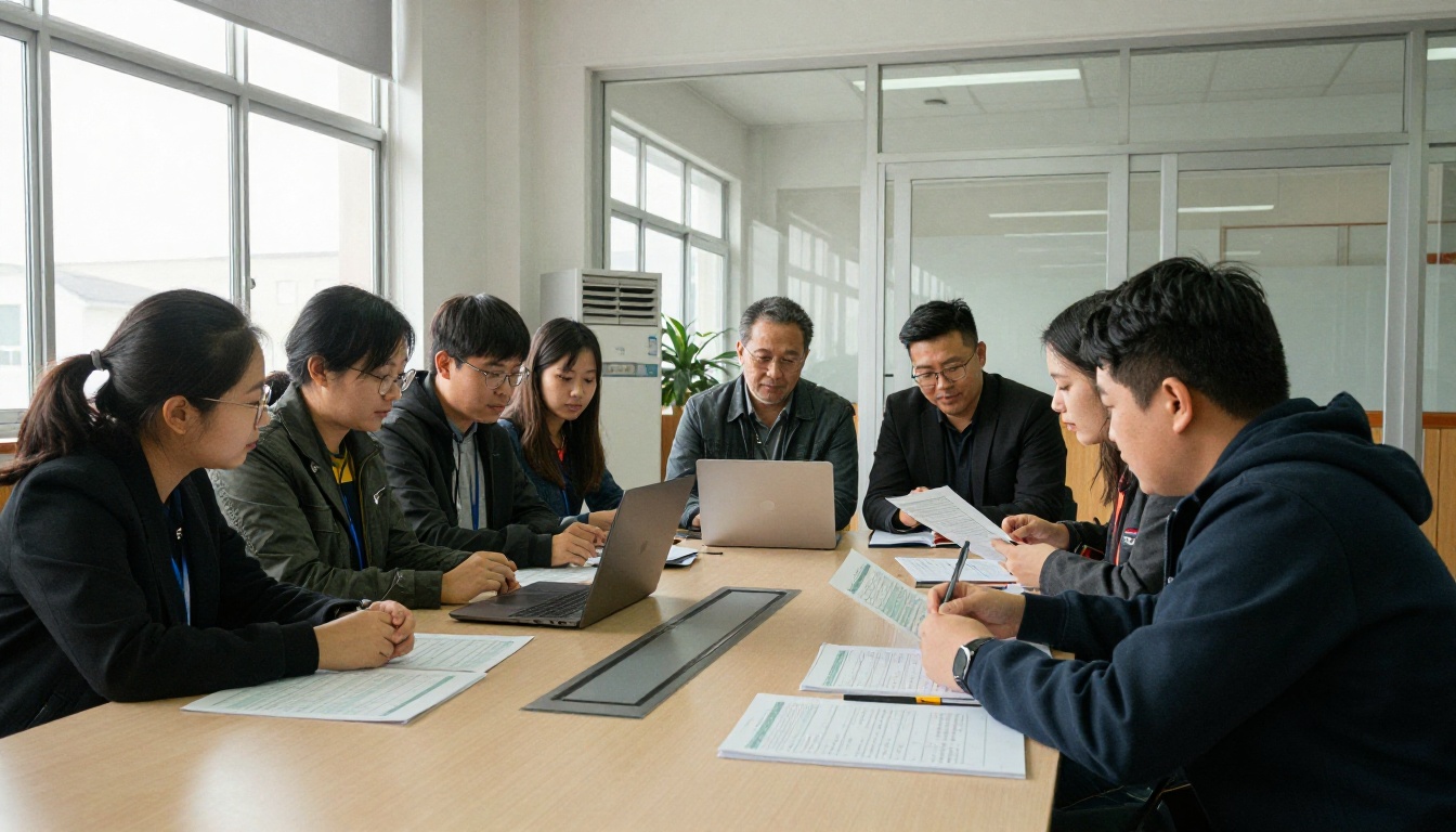 Group of teachers and parents reviewing budget pages around a conference table Group of teachers and parents reviewing budget pages around a conference table
