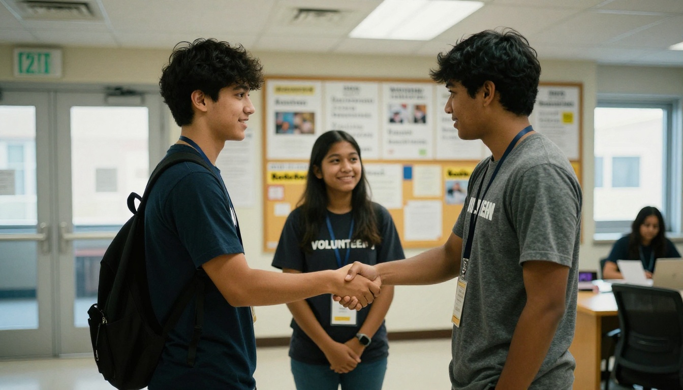 Board member and community volunteer shaking hands in a school lobby Board member and community volunteer shaking hands in a school lobby