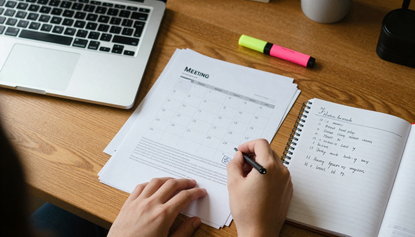 Desk with laptop, meeting calendar and notes for planning a board packet Desk with laptop, meeting calendar and notes for planning a board packet