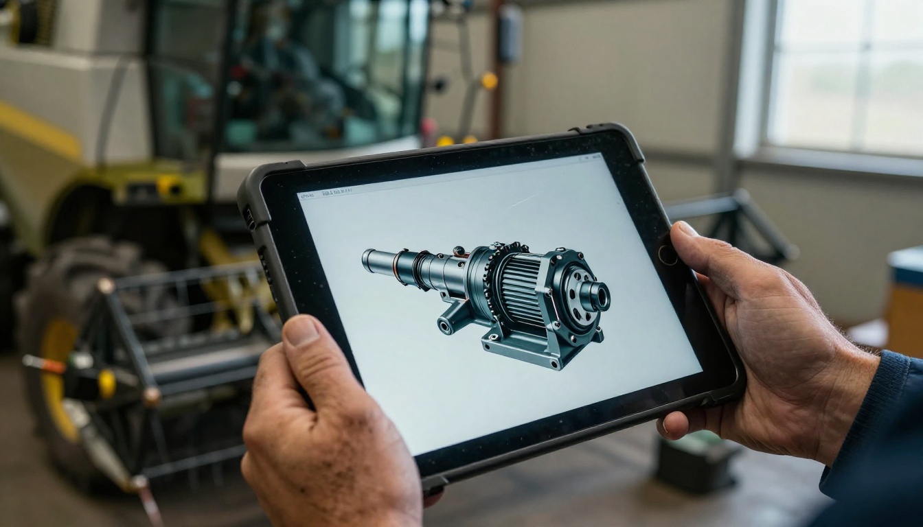 Technician holding a rugged tablet with a parts diagram beside an open tractor engine