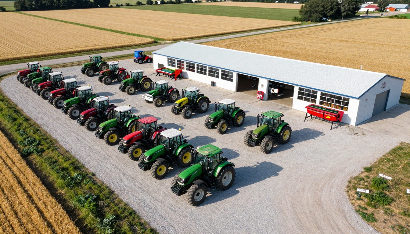 Aerial view of a rural dealership lot with tractors and combines beside wheat fields