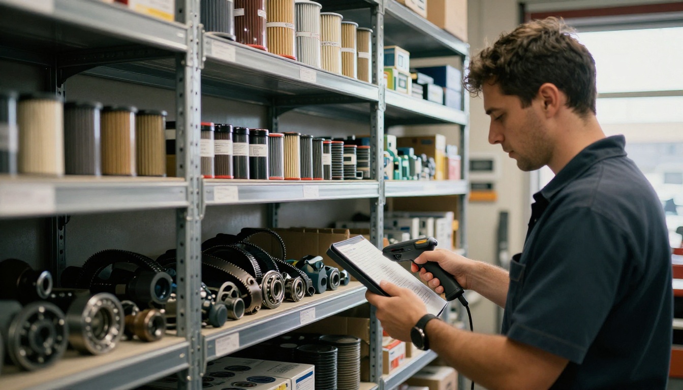 Parts counter specialist scanning a labeled bin in front of tall metal shelves