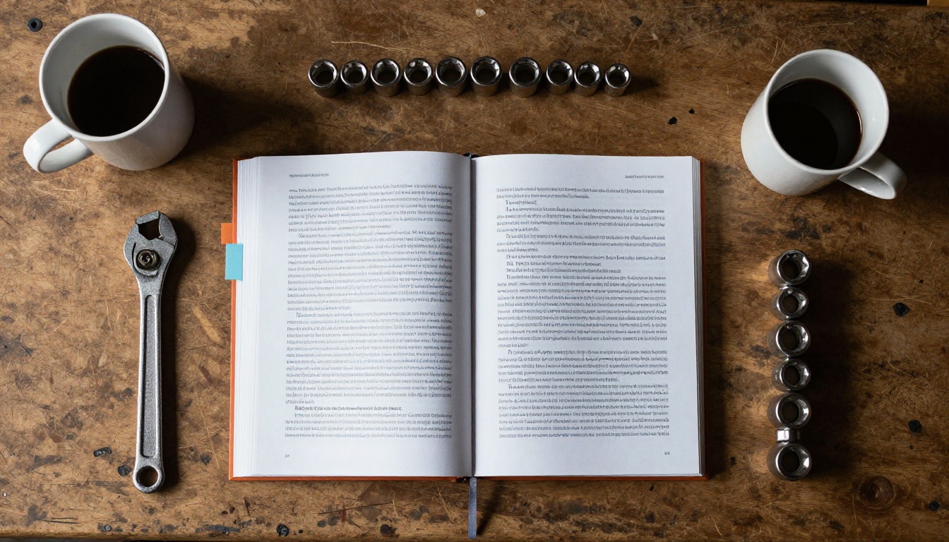 Flat lay of a printed binder manual beside a tablet showing a manual page on a workbench