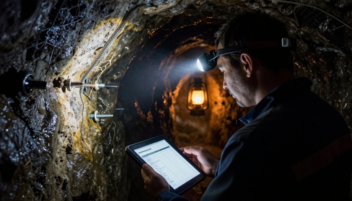 Technician reading a maintenance checklist underground