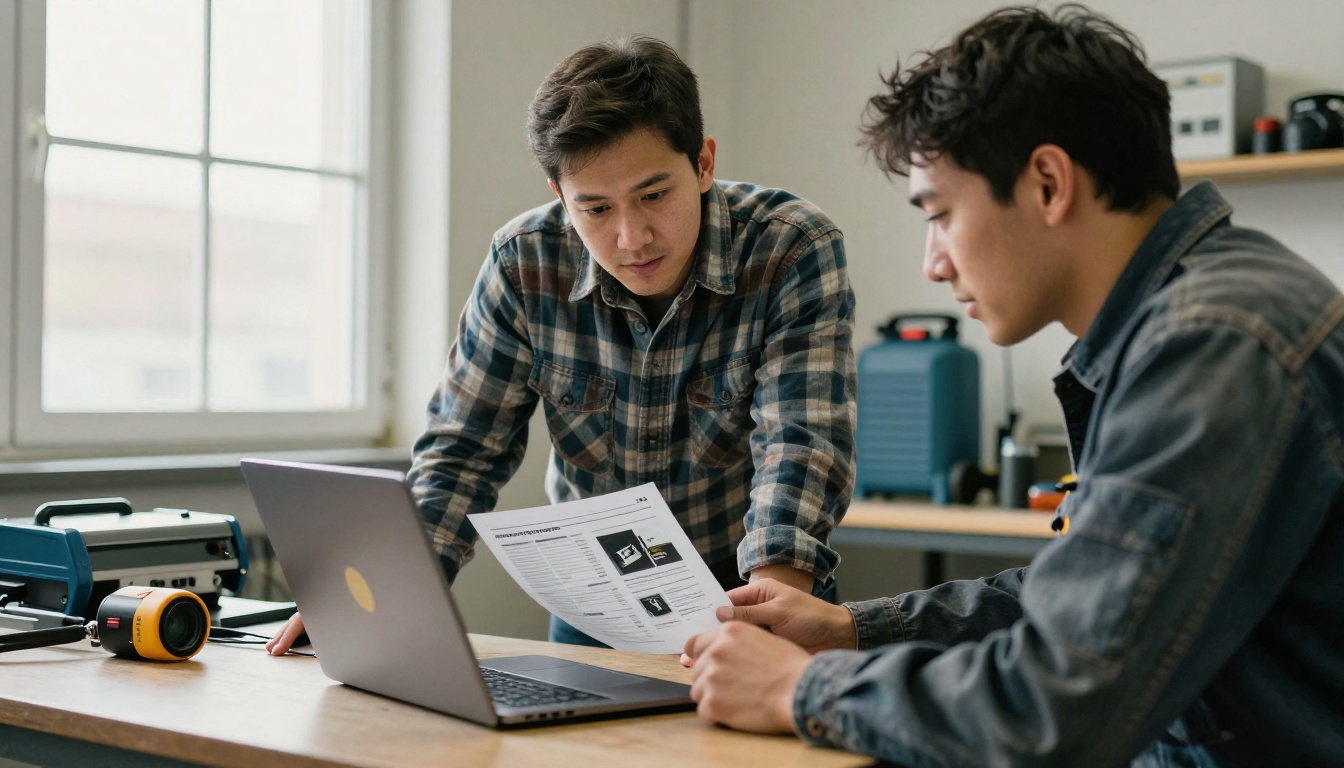 Service manager and two technicians reviewing a digital flipbook manual on a laptop