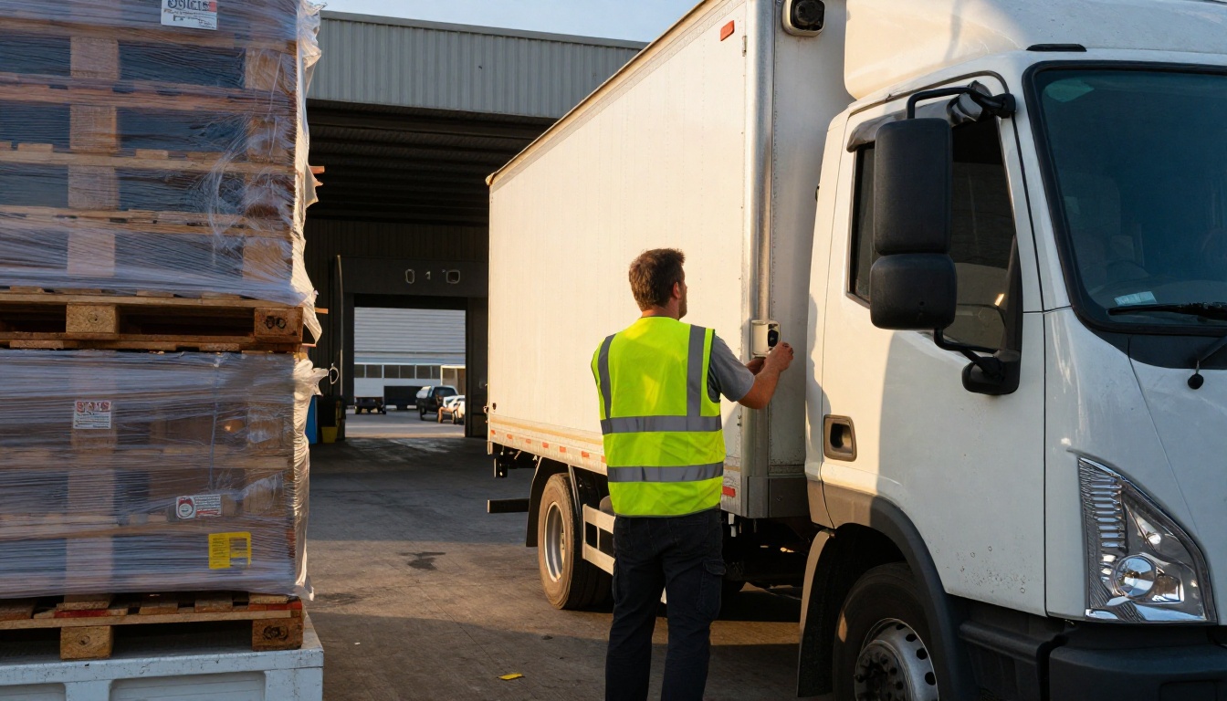 Low-angle view of a truck driver closing trailer doors at dawn Low-angle view of a truck driver closing trailer doors at dawn