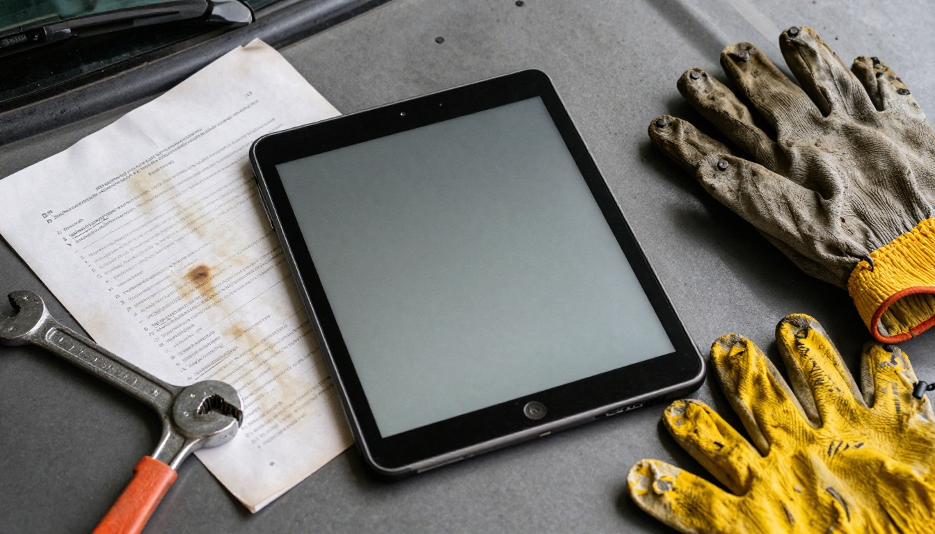 Flat lay of a paper manual and a tablet on a truck hood