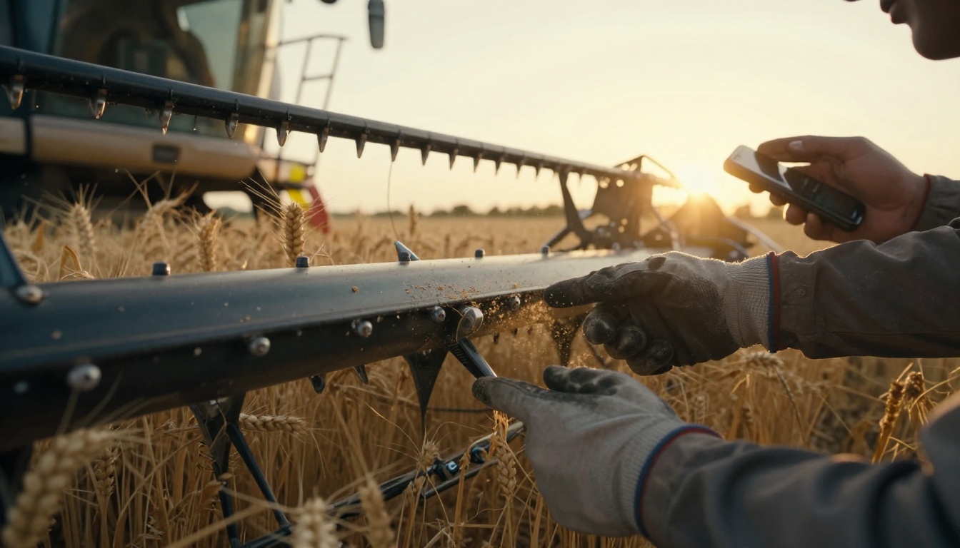 Technician pointing at a worn component on a combine header at sunset while holding a phone