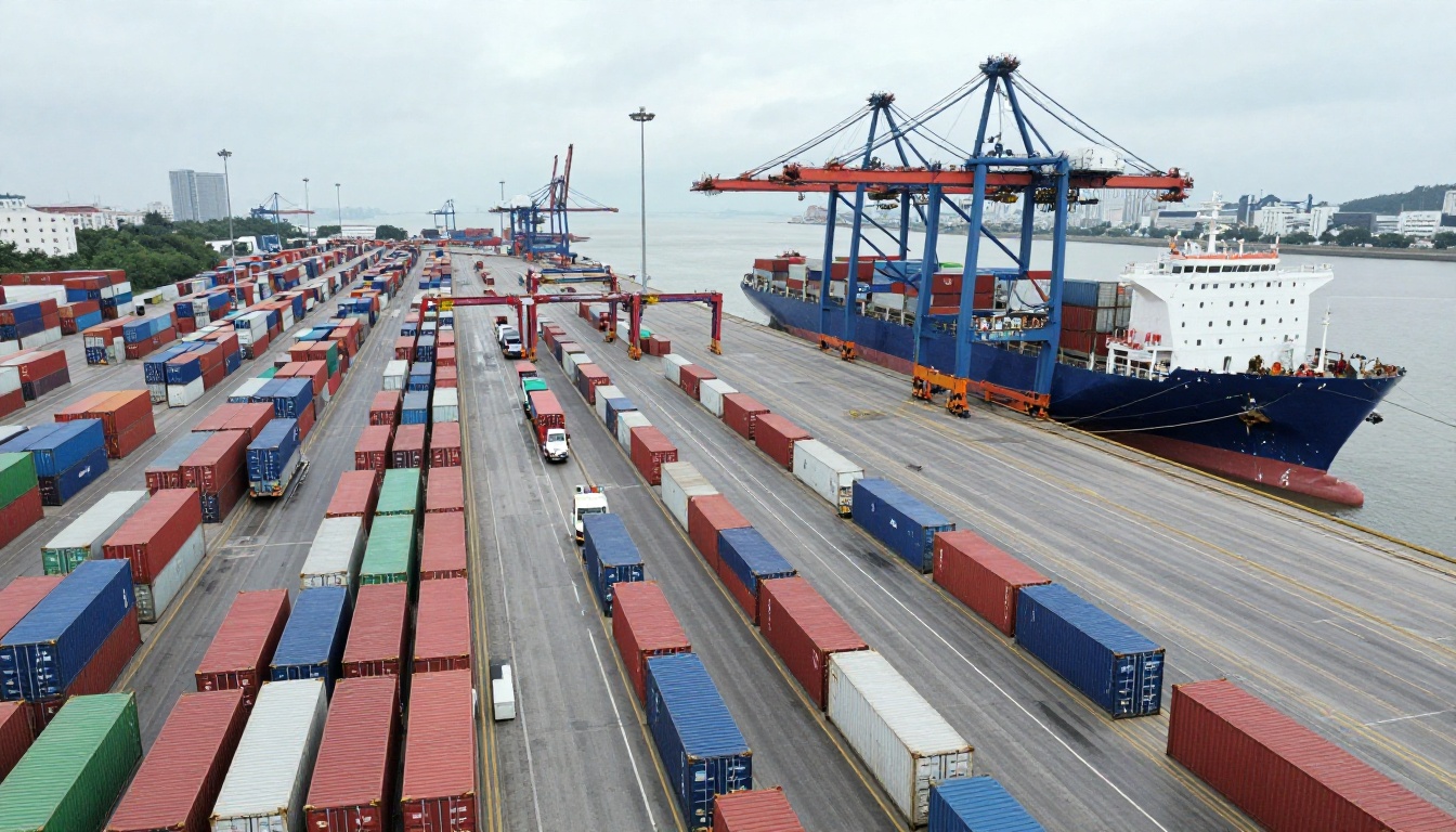 Aerial view of a busy container port Aerial view of a busy container port